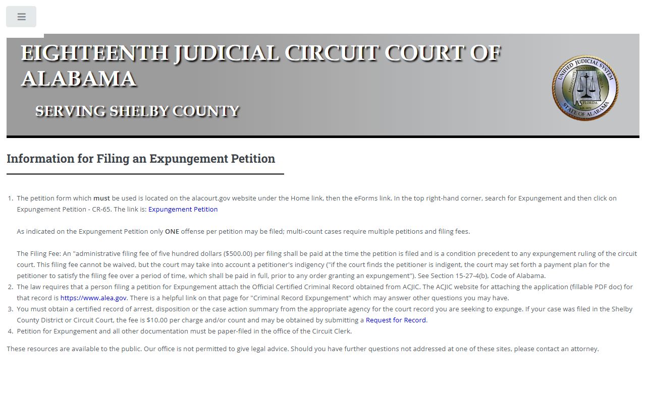 Shelby County mugshot removal expungement instructions from the Circuit Clerk