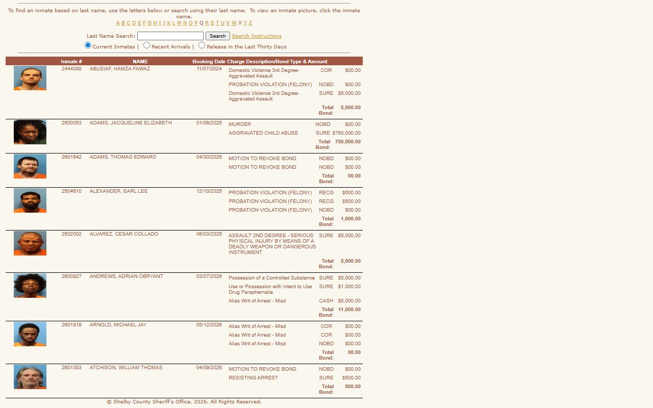 Shelby County inmate population roster search showing current inmates and booking records