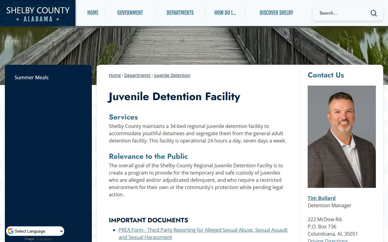 Shelby County Regional Juvenile Detention Facility custody information source page
