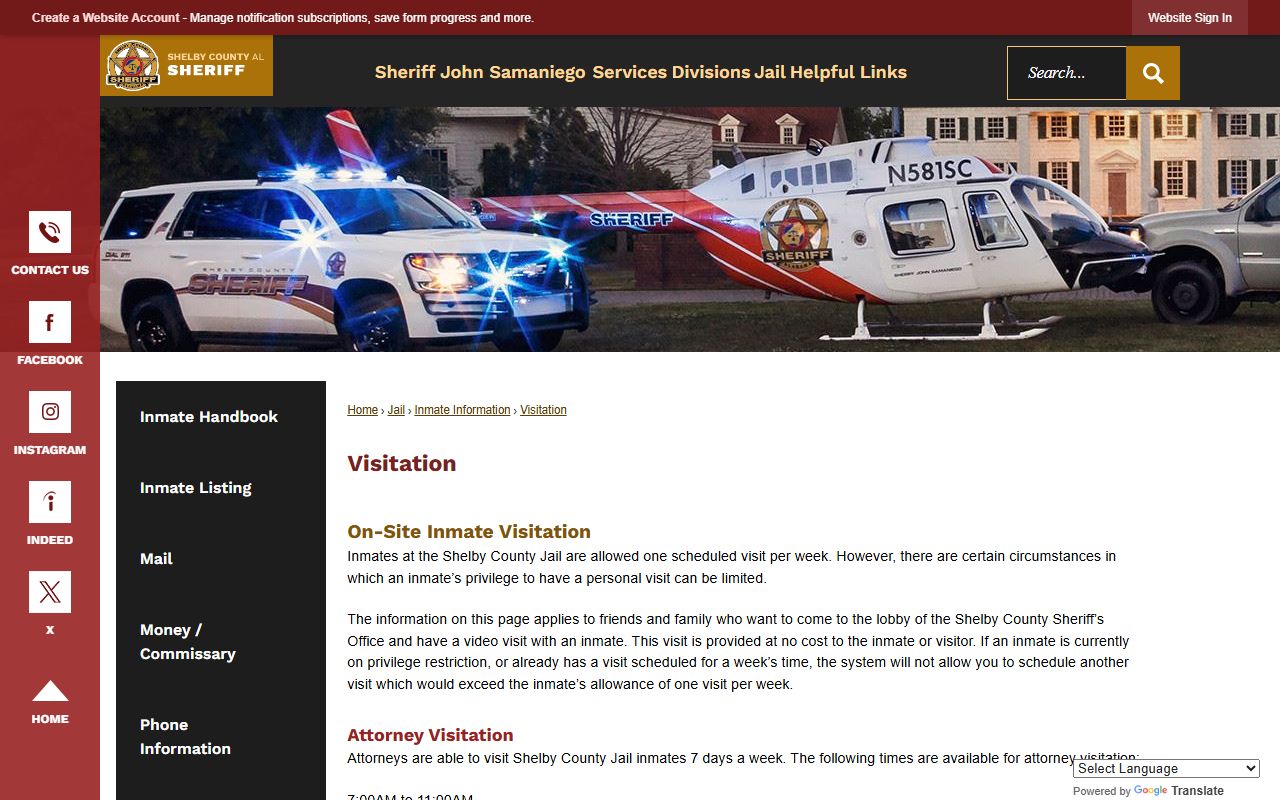 Shelby County inmate records visitation schedule and video visit rules